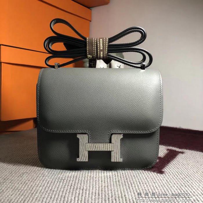 HERMES愛馬仕 空姐包 constance 錫器灰 EPSOM 18cm 銀扣 蠟線縫製 單肩斜挎包  Ama1489